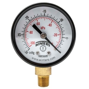 Winters 2 inch Dial Size, Economy Utility Dry Pressure Gauge, Brass Internals, Black Steel Case, Dual Scale 30 inch Hg-0 Vac/kPa, 3-2-3% Accuracy, 1/8 inch NPT Bottom Mount, Vacuum Pressure Gauge